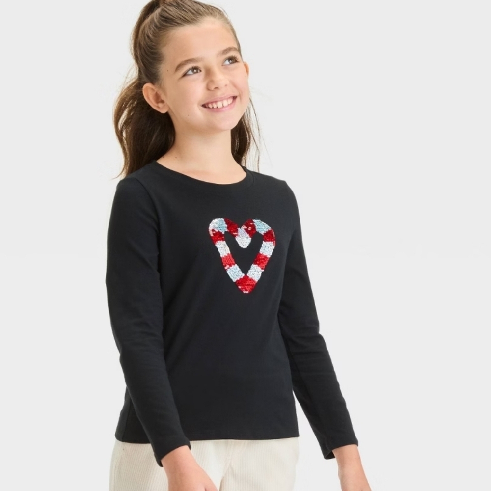 Girls' Long Sleeve Flip Sequin 'Candy Cane' T-Shirt - Cat & Jack Black XL (14)